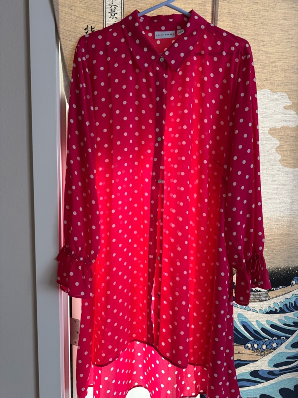 Susan Graver Pink & White Polka Dot Button-Up Top